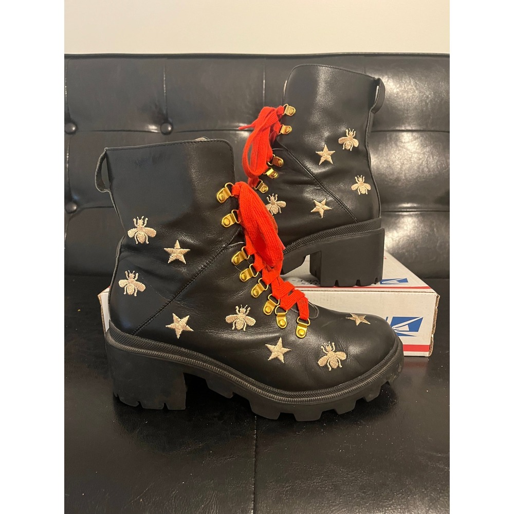 Gucci Leather Bee Star Embroidered Combat Boots